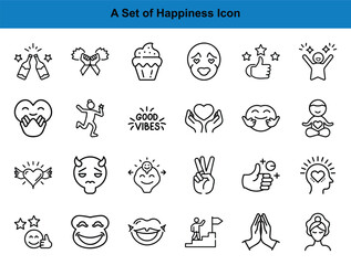 Diverse set of black outline happiness icons, representing emotions and celebrations with transparent background