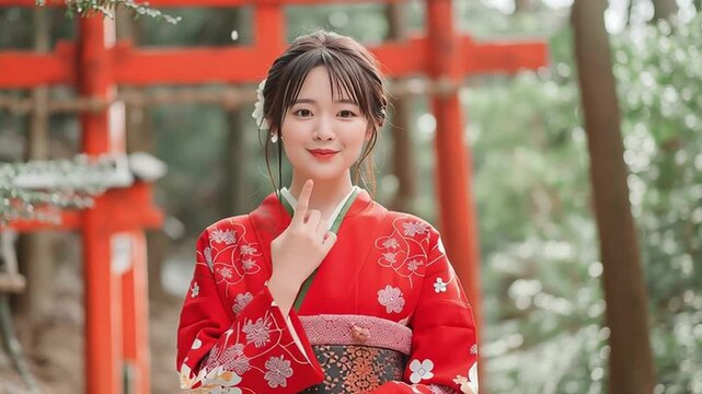 Young Woman in Formal Kimono Posing at Shrine on Coming-of-Age Day.Japanese Woman in Furisode Kimono.Generative AI