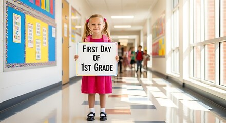 A young girl holding a first day of first grade sign in a school hallway with other students visible
