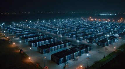 Obraz premium Aerial View of Shipping Containers at Night with Bright Lights and Urban Skyline in Background
