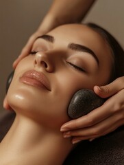 A woman's face being pampered with a facial massage at a spa. Her eyes are closed in relaxation.