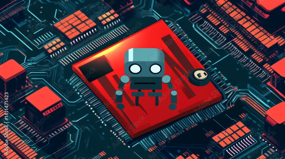 Poster a stylized robot on a red microchip, integrated into a complex circuit board.