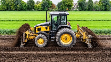 Fototapeta premium Agricultural tractor working on a farm field preparing soil for planting crops with machinery and greenery in background