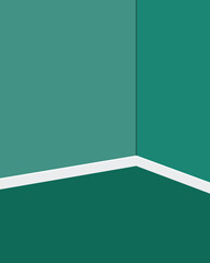 Corner of a room with teal walls and floor separated by a white baseboard line
