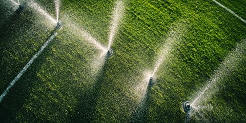 Aerial view of water spraying from sprinklers onto the ground.