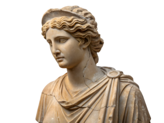 Ancient greek marble bust of a woman with elaborate hairstyle