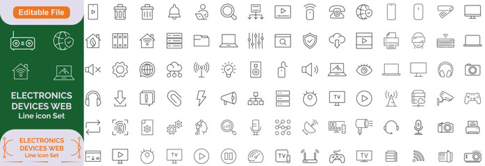 Electronics and Devices web icons in line style. Computing, social network, management, internet, network, programming, Internet connection collection. Vector illustration , Editable icon file.