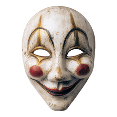 Mysterious clown mask artistic display decorative art indoor studio close-up unique expression