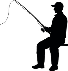 Fisherman silhouette casting rod on white background