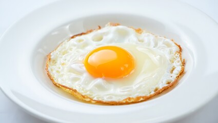 A Single Fried Egg with a Bright Yolk on a White Plate