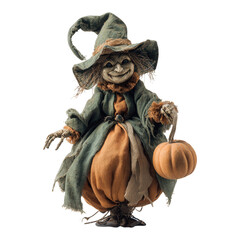 Witch figurine with pumpkin halloween decor studio setting whimsical theme close-up perspective