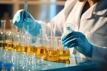 Scientist wearing lab coat and gloves pouring yellow liquid into beakers in laboratory using funnel and glass rod