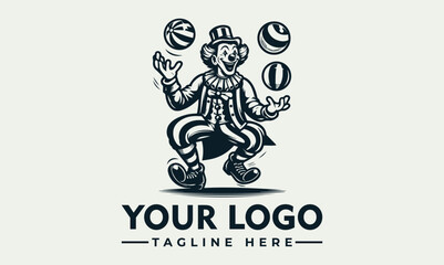 A vintage-style logo featuring a clown juggling colorful balls, set against a light background.