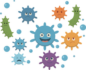 Colorful Germ Characters Illustration
An illustration of various germs with expressive faces, including angry, mischievous, and smug expressions. Perfect for use in medical, hygiene, oral care, 