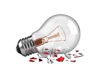  Broken Red Christmas Light Bulb with Glowing Filament and Spark Burst, isolated transparent background png