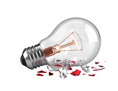  Broken Red Christmas Light Bulb with Glowing Filament and Spark Burst, isolated transparent background png