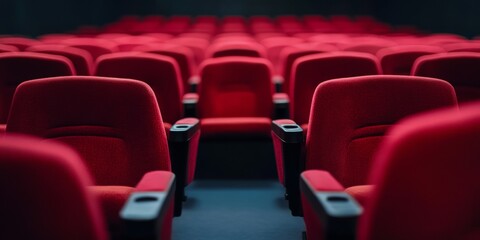 Obraz premium A quiet moment before the show begins with empty red theater seats ready for guests.