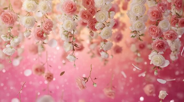 A dreamy and elegant close-up of hanging pink and white roses with green leaves, a softly blurred bokeh background in warm pastel tones. Perfect for use in wedding videos, romantic presentation.