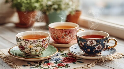 Fototapeta premium Three Steaming Cups of Floral Tea on Embroidered Tablecloth