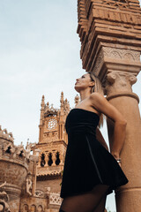 A beautiful lady walking through the grand halls of an ancient castle