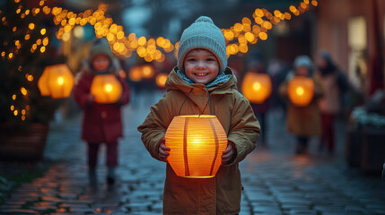 Happy children holding handmade paper lanterns during a St. Martin's Day parade at dusk, walking through a cozy autumn street filled with warm glowing lights. Banner with copy space