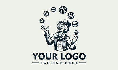 Vintage style logo featuring a jovial clown juggling balls and clubs.