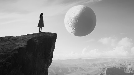 Silhouetted person standing on cliff overlooking vast lunar landscape with prominent moon in the sky.