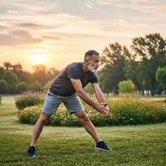 Active senior man doing leg stretching exercises in a park at sunrise for good health