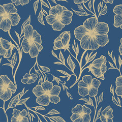 Seamless fashionable floral vector vintage retro linear handmade for design elements, decor, textiles, postcards, flowers for printing on a dark background