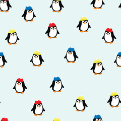 seamless children's pattern with penguins in colorful hats