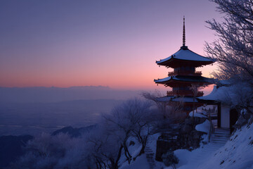 striking silhouette of temple stands majestically against snowy horizon where fading light of day casts magical