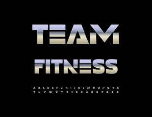 Vector Metallic logotype Team Fitness. Digital Futuristic Font. Athletic style Alphabet Letters and Numbers set.