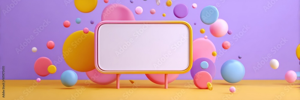 Poster vibrant 3d animation billboard design surrounded by colorful abstract shapes in a playful setting