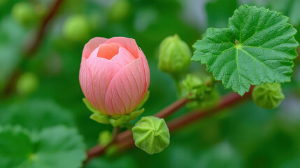 Pink flower bud blooming with green leaves and stems in natural soft light, showing delicate texture and fresh growth