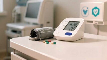 Digital blood pressure monitor and cuff displayed on a white table with several capsules scattered nearby in a clinical setting.