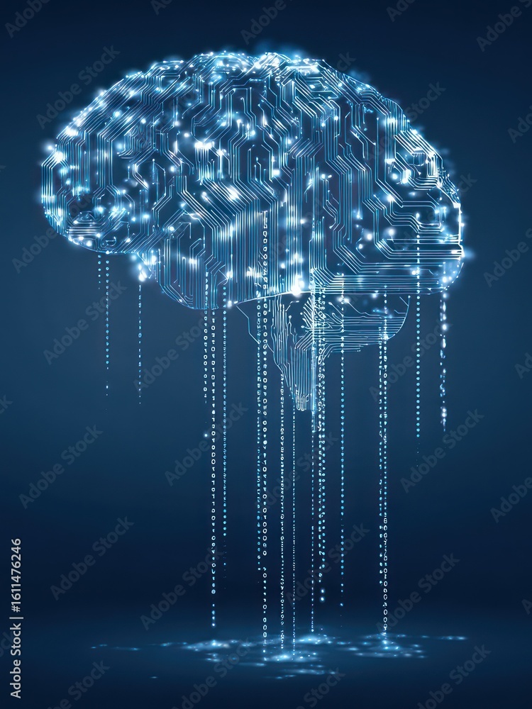 Poster digital brain with binary code futuristic circuit board design
