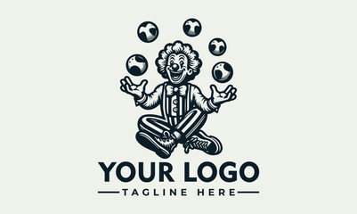 Cartoon clown sits cross-legged juggling five balls, with text 