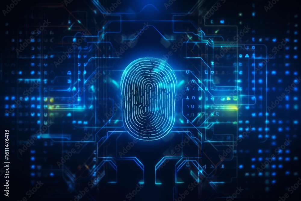 Poster futuristic digital fingerprint scanning technology ensures secure access and protection of sensitive