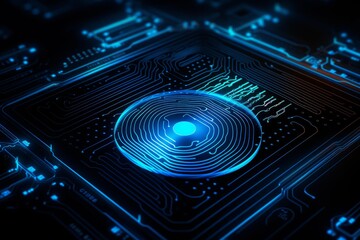 Fingerprint security system glowing blue on dark circuit board, concept of cybersecurity and data protection