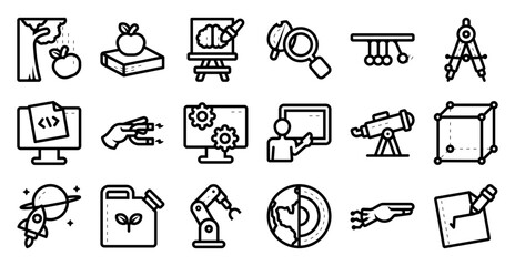 Science icon set related to research, scientist, technology, innovation, development, knowledge, learning, and others. vector illustration with line and outline style