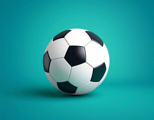 A soccer ball, black and white panels, sits on a teal background.