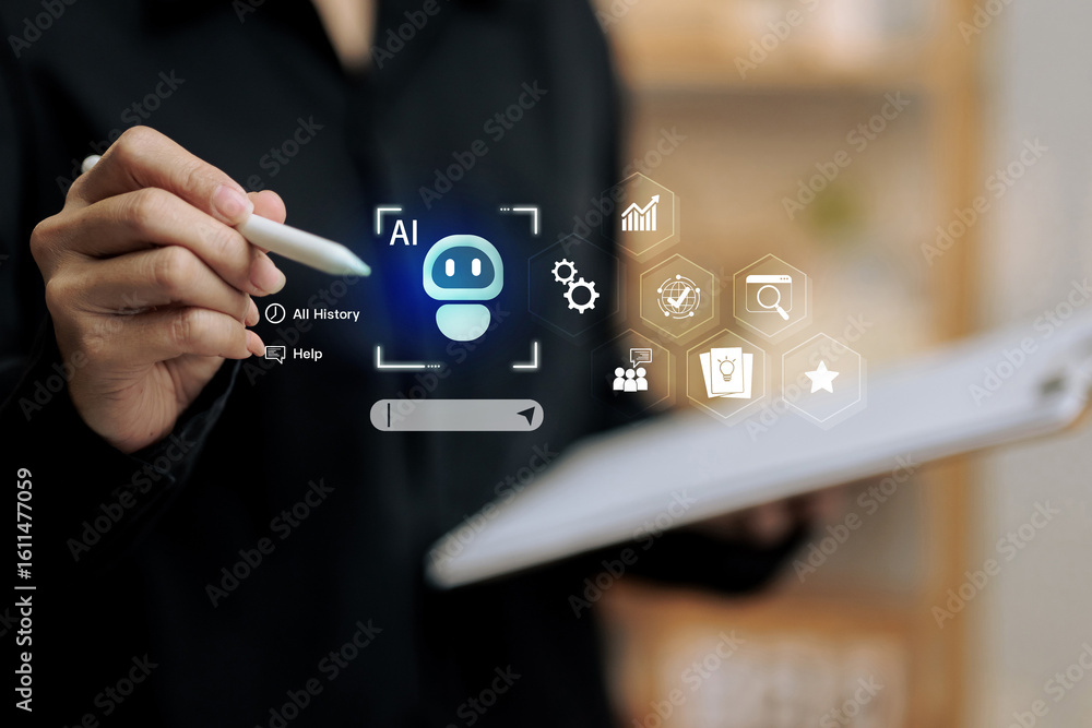 Poster ai chatbot virtual assistant interface with digital icons