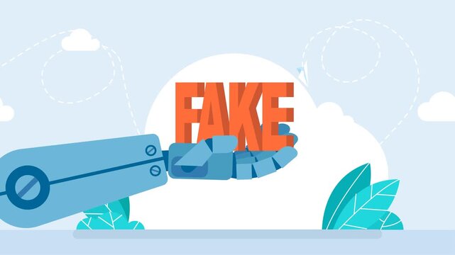 Fake word robotic hand with letters. Fake news, false information and unethical bad support in chatbot mobile app. Artificial intelligence technology false information concept. 2d flat animation