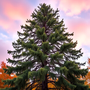 A majestic tamarack tree stands tall amidst a backdrop of autumnal hues, its needle-covered branches stretching towards the sky, rustling gently in the breeze.