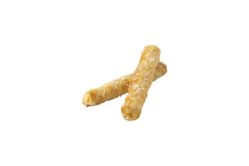 Two crunchy cheese puffs isolated on transparent background