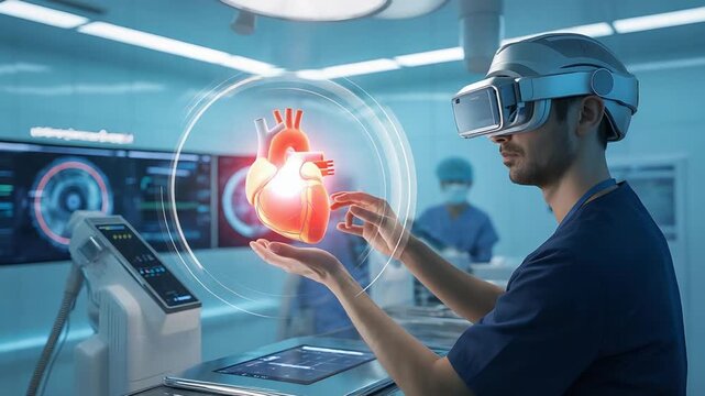 Doctor Using Virtual Reality for Cardiovascular Visualization in Advanced Medical Facility