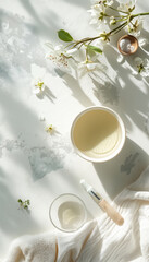 Overhead view of Camelina oil in a bowl with flowers, dropper, and towel, evoking a serene skincare setting.

