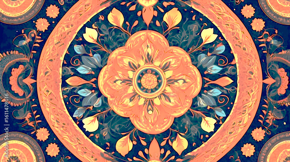 Poster intricate circular patterns in warm hues abstract textured background