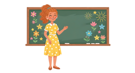 Smiling Young Girl Wearing Yellow Polka Dot Dress Standing in Front of Classroom Chalkboard with Colorful Drawings