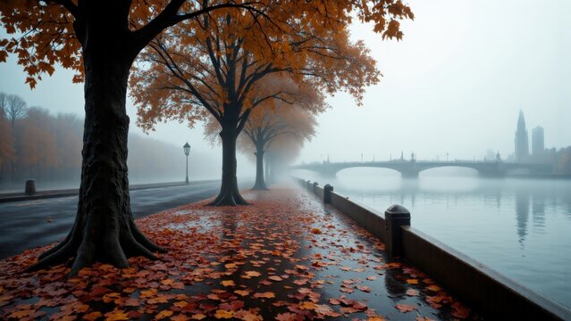 London autumn: Golden and crimson oak and plane leaves cover the damp riverside embankment as dense fog envelops the River Thames and iconic bridges like Millennium and Waterloo Bridge.